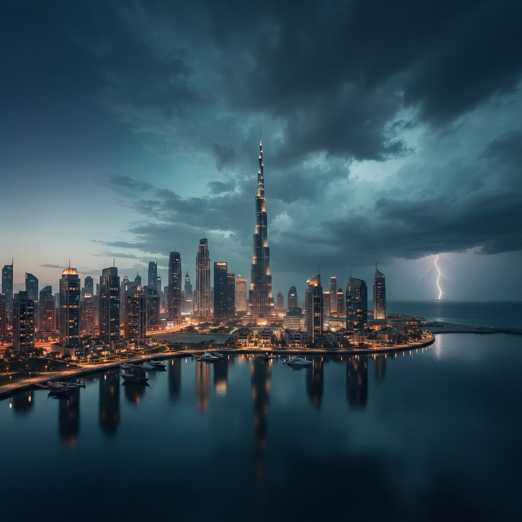 Dubai skyline at dusk with the Burj Khalifa under gathering storm clouds